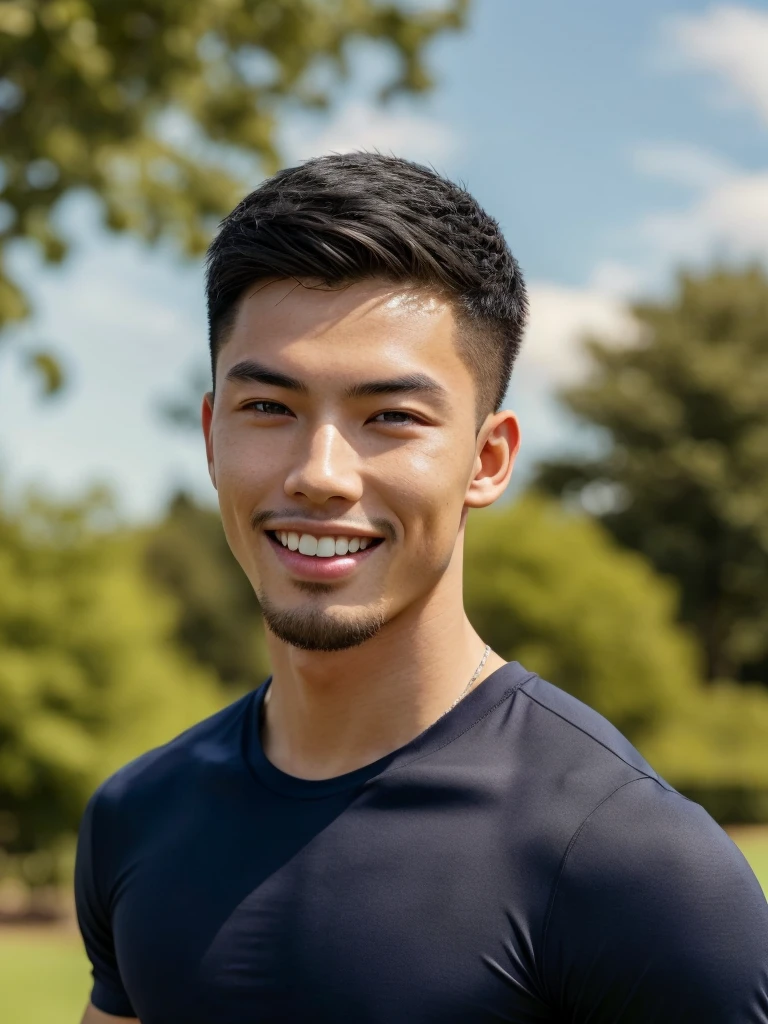 Tony Labrusca, (As a matter of fact, Masterpiece, 8k HD, good light quality, sportswear, fit the face, complicated details), A handsome, muscular young Korean man. , 20 years old, be happy, smile brightly, detailed face, delicate eyes, มองดูsky, Wear a navy tight T-shirt.:1.6, period, black eyes, Black hair color, ผมsmooth, smooth, outdoor sports, Along the garden, Sunny,sky,Surreal,Awesome details,Highest quality,real,Open your mouth to talk. , Close your eyes.