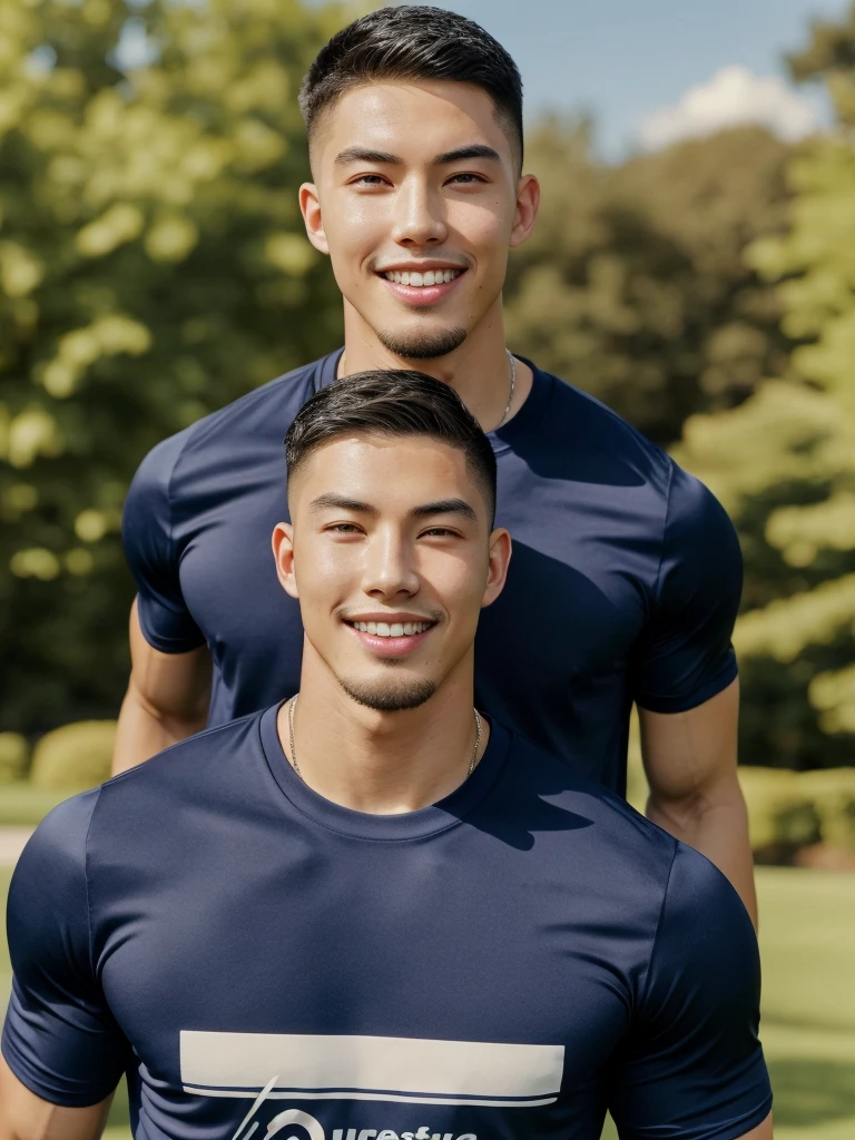 Tony Labrusca, (As a matter of fact, Masterpiece, 8k HD, good light quality, sportswear, fit the face, complicated details), A handsome, muscular young Korean man. , 20 years old, be happy, smile brightly, detailed face, delicate eyes, มองดูsky, Wear a navy tight T-shirt.:1.6, period, black eyes, Black hair color, ผมsmooth, smooth, outdoor sports, Along the garden, Sunny,sky，Surreal，Awesome details，Highest quality，real，Open your mouth to talk. , Close your eyes.