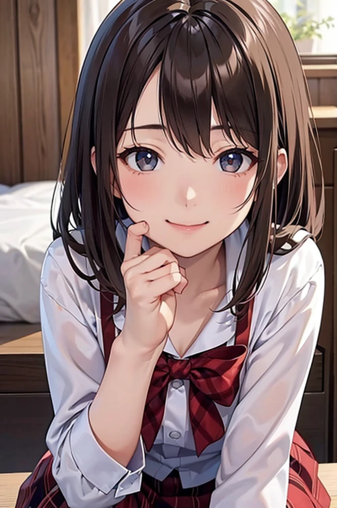 、brown haired、beautidful eyes、real looking skin、hi-school girl、、(8K、masterpiece)、(reallistic、Photorealsitic)、top-quality、ighly detailed、The ultra-detailliert、Beautie、cute little、japanes、A smile、Close-up portrait、Healthy face、、plaid skirts