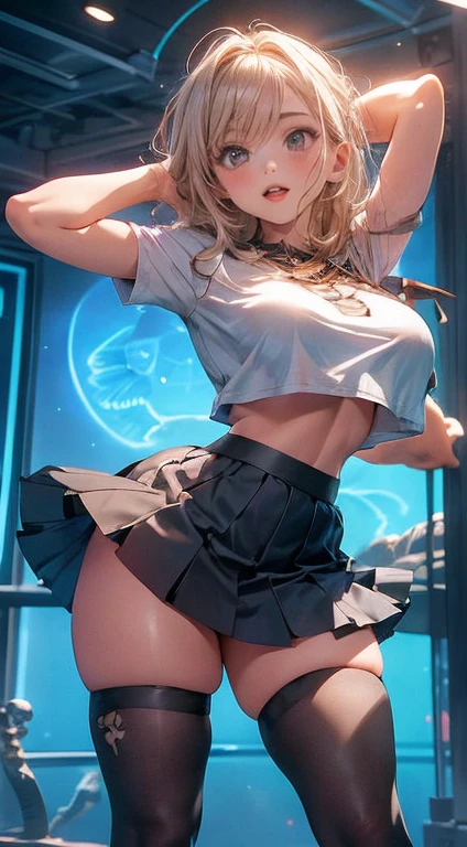 Girls wear skirts,it's a perfect face,seminu,Willow waist,(real, realistically), (depth of fields),striped hair,thick thight,view the viewer , insanely details, Complicated Details, skeleton costume,(Lop), Lower chest skeleton costume,Shiny holographic skeleton costume:1.1 , Big breasts sag,hair blonde,Redlip ,see-through skirt,(((8K,winning art,dynamic poses))),