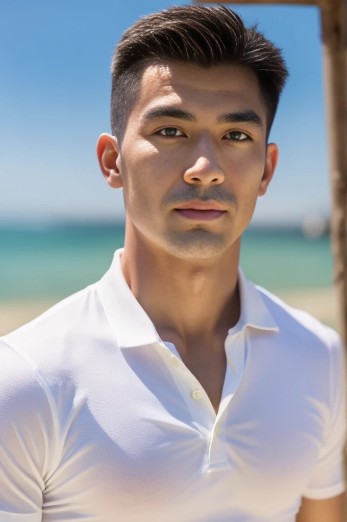 A handsome, muscular, Asian man looks at the camera. In a simple white polo shirt , Fieldside, grass, beach, sunlight