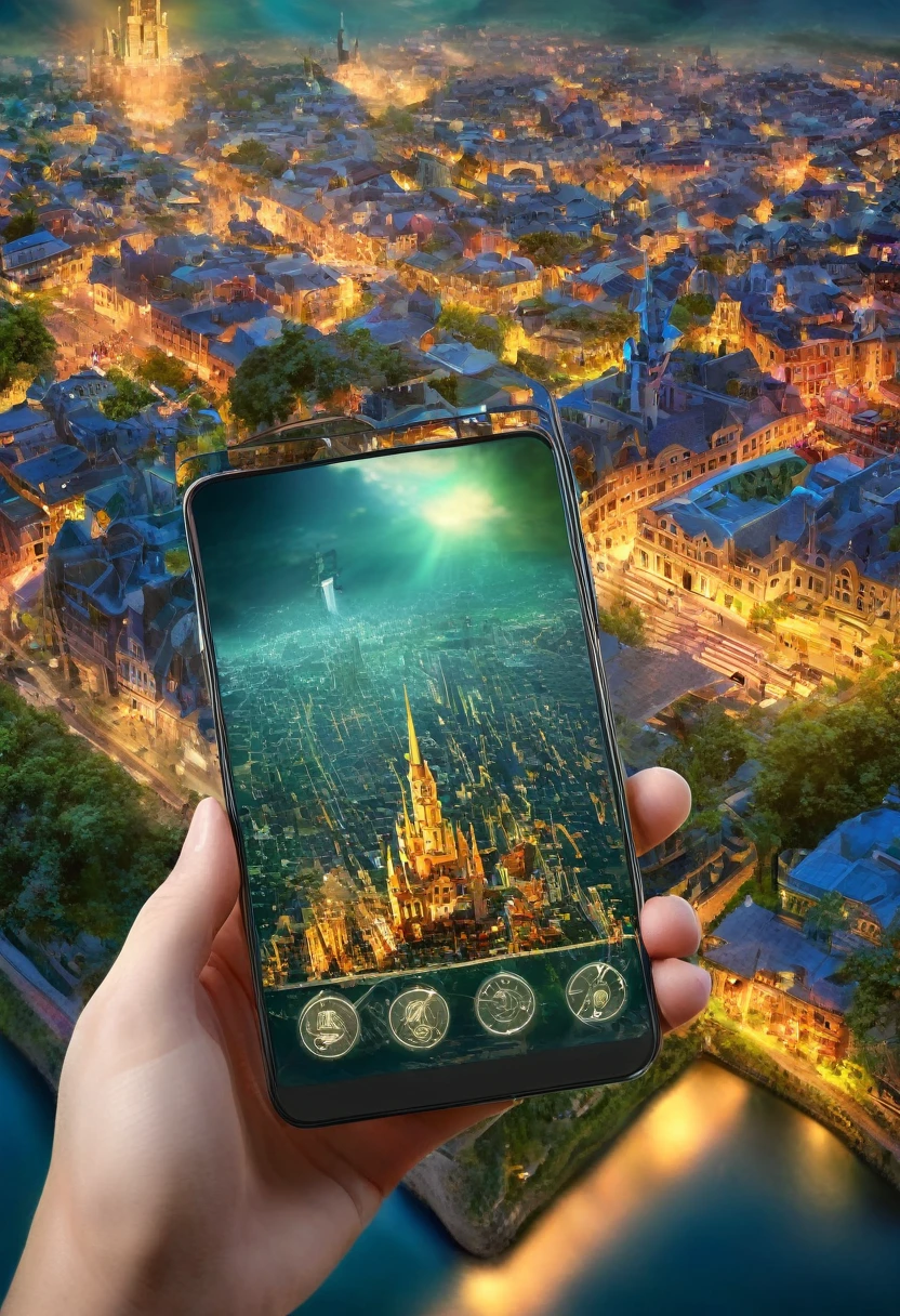 It's very realistic, with a smartphone in your hand and a oid map displayed on the smartphone screen, There is a part of a magical city that looks like a fairy tale in the depths of the image, outdoor