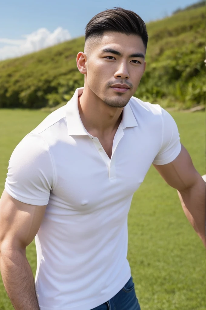 A handsome, muscular, Asian man looks at the camera. In a simple white polo shirt , Fieldside, grass, beach, sunlight