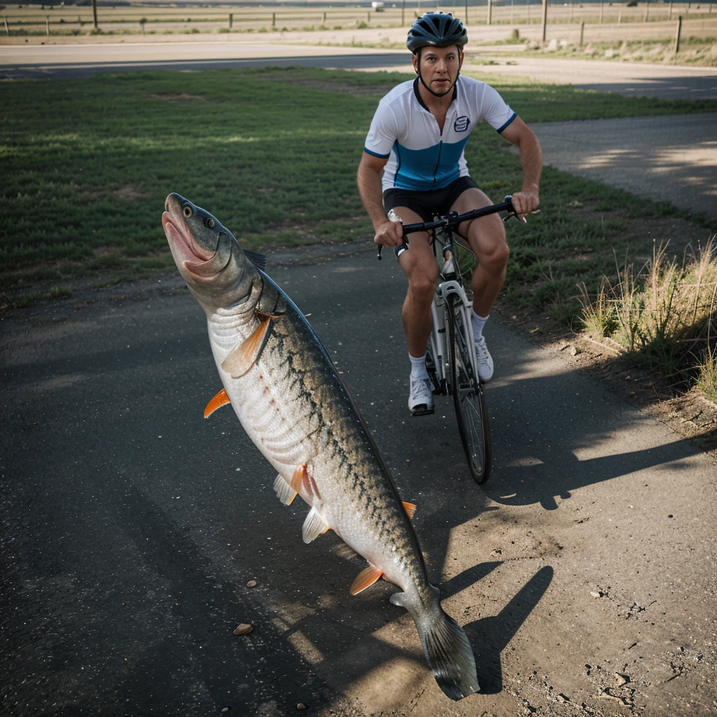 A dick-shaped fish rides a bicycle and the background is rural