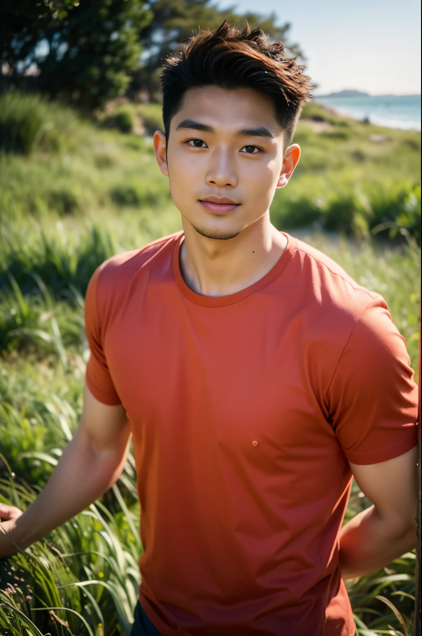 A handsome, muscular young Asian man looks at the camera. In a plain red t-shirt, Fieldside, grass, beach, sunlight