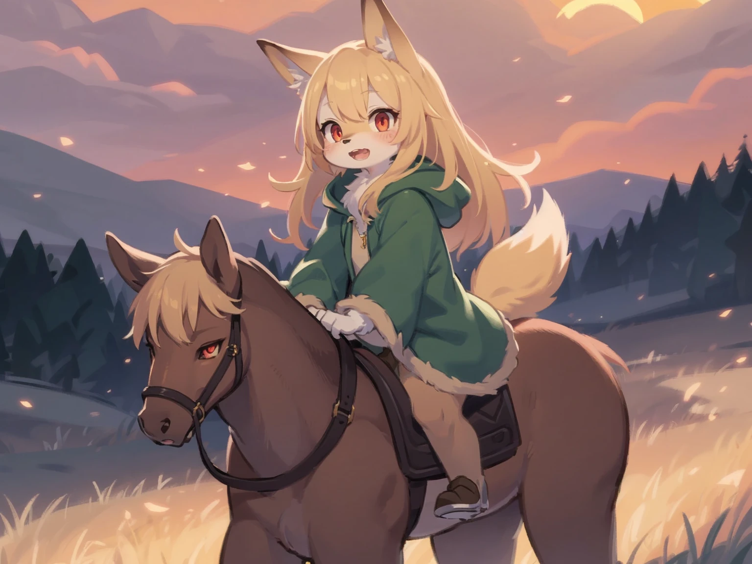  the fox, , was hairy, shaggy, skin fur, smooth lashes, golden fur, forelimb hands, straight long blonde hair, solid circle eyes, golden ears, golden fur, golden facial fur, shiny hair, red eyes, super cute face, 1fox tail, fluffy tail, furry tail, glowing eyes, green coat green hood down, brown trousers, riding unsaddled horse, open mouth, embarrassed, ambient light, ultra-fine fur, dashed eyes, full body, masterpiece, high quality, high-details, best quality, wide short, (((solo))), twilight, sun light, red sky, rim light