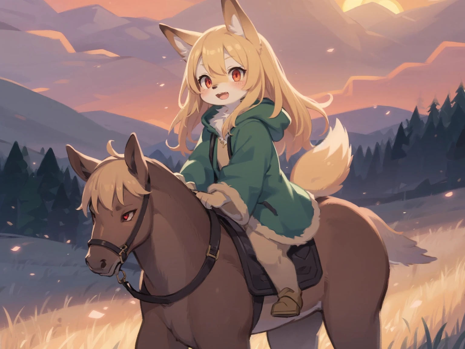 the fox, , was hairy, shaggy, skin fur, smooth lashes, golden fur, forelimb hands, straight long blonde hair, solid circle eyes, golden ears, golden fur, golden facial fur, shiny hair, red eyes, super cute face, 1fox tail, fluffy tail, furry tail, glowing eyes, green coat green hood down, brown trousers, riding unsaddled horse, open mouth, embarrassed, ambient light, ultra-fine fur, dashed eyes, full body, masterpiece, high quality, high-details, best quality, wide short, (((solo))), twilight, sun light, red sky, rim light