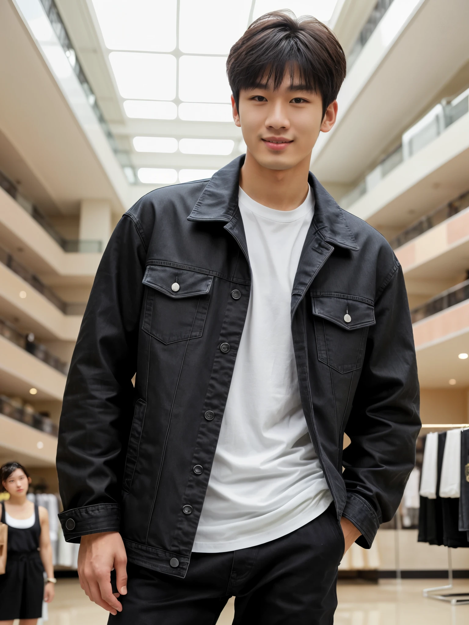 独奏: 1.5, (As a matter of fact, Masterpiece, 8k HD, good light quality, sportswear, fit the face, complicated details), A handsome Korean young man with muscular arms. , 20 years old, be happy, smile brightly, detailed face, delicate eyes, look at the sky, Wear a tight black t-shirt.:1.6 ,Wear a denim coat., jeans period, black eyes, Black hair color, ผมsmooth, smooth,Surreal,Awesome details,Highest quality,real,Open your mouth to talk. , Close your eyes., (standing in department store:1.5)