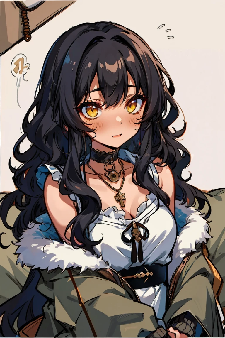 (masterpiece:1.2), (high quality:1.2), (hui xiyi:0.7), rekkyo sensen, rekkyou sensen, girls with((black hair, 1girl,bangs, (one side up, long wavy hair:1.55), bare shoulders, breasts,choker, cleavage,coat,collar,collarbone,cowboy shot, dress, frills, fur, fur collar, fur trim, hood down, hooded jacket, hoodie, jacket, large breasts, long sleeves, looking at viewer, medium breasts, medium hair, necklace, open clothes, open hoodie, sleeveless, solo, winter clothes, zipper, upper body)), background with((bedding, futon, jail, prison:1.45))