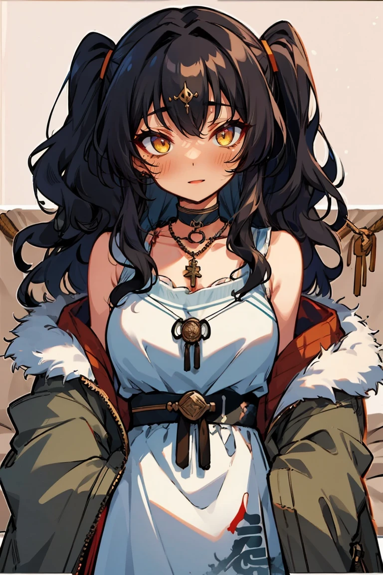 (masterpiece:1.2), (high quality:1.2), (hui xiyi:0.7), rekkyo sensen, rekkyou sensen, girls with((black hair, 1girl,bangs, (one side up, long wavy hair:1.55), bare shoulders, breasts,choker, cleavage,coat,collar,collarbone,cowboy shot, dress, frills, fur, fur collar, fur trim, hood down, hooded jacket, hoodie, jacket, large breasts, long sleeves, looking at viewer, medium breasts, medium hair, necklace, open clothes, open hoodie, sleeveless, solo, winter clothes, zipper, upper body)), background with((bedding, futon, jail, prison:1.45))