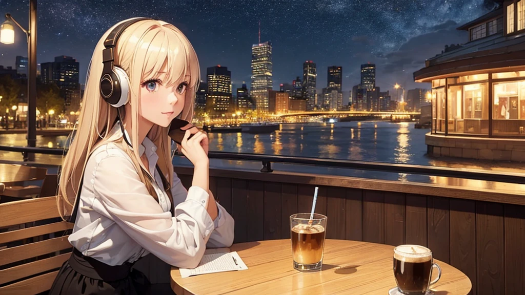 ((masterpiece)),(((bestquality))),((ultra-detailed)) realisticlying, 1 girl, Beautiful, wearing headphones, enjoying hot coffee solo, Late Night Cafe, looking to viewer, city, starry sky, cloud, night.