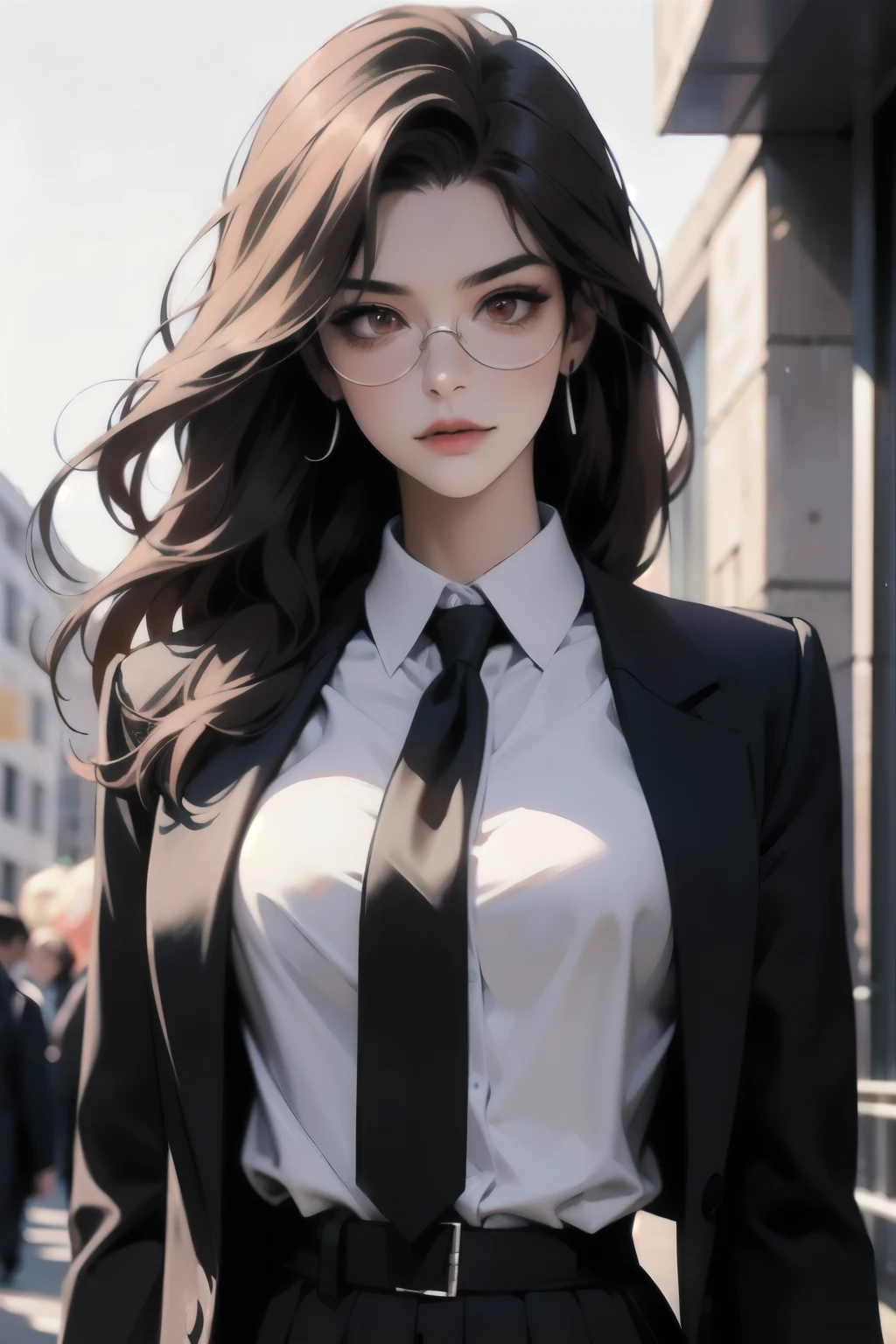 highest quality, masterpiece, high resolution,only {Black business suit:1.40} {tie:1.20} {sunglasses:1.25} {White gloves:1.15} { White shirt:1.10} {Black Skirt:1.15} good looking {Medusa_FGO:1.15} length_hair, Red_hair, very_length_hair, Red_eye, chest, big_chest, 1girl, solo, white background, Street backdrop, upper body, looking at viewer, bare arms, folded arms, โกรธ, จ้องมอง