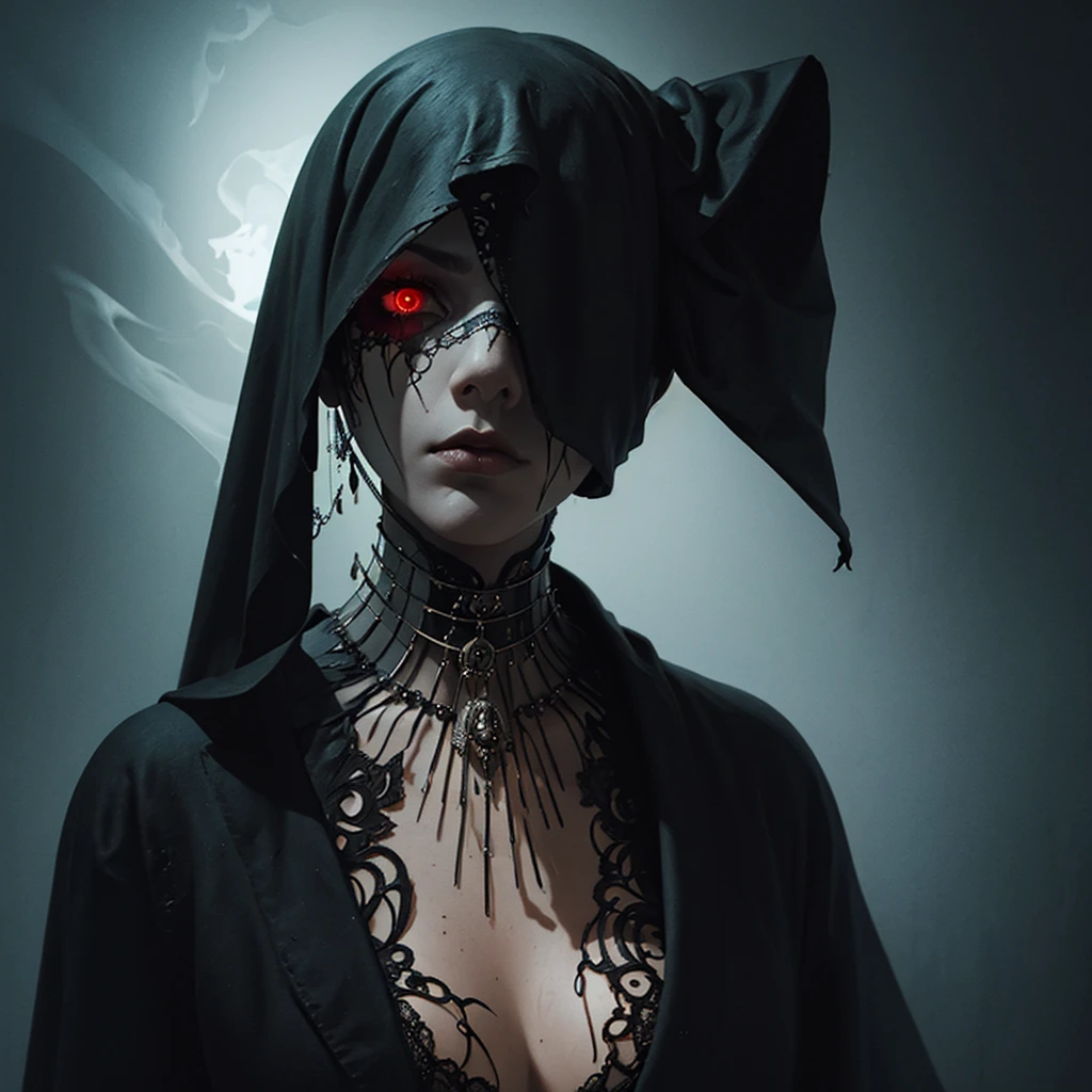 a ghostly, haunting, aesthetic nightmare, 1 woman, detailed face, melancholic expression, dark smoky atmosphere, moody lighting, intricate details, cinematic composition, dark fantasy, surreal, digital art