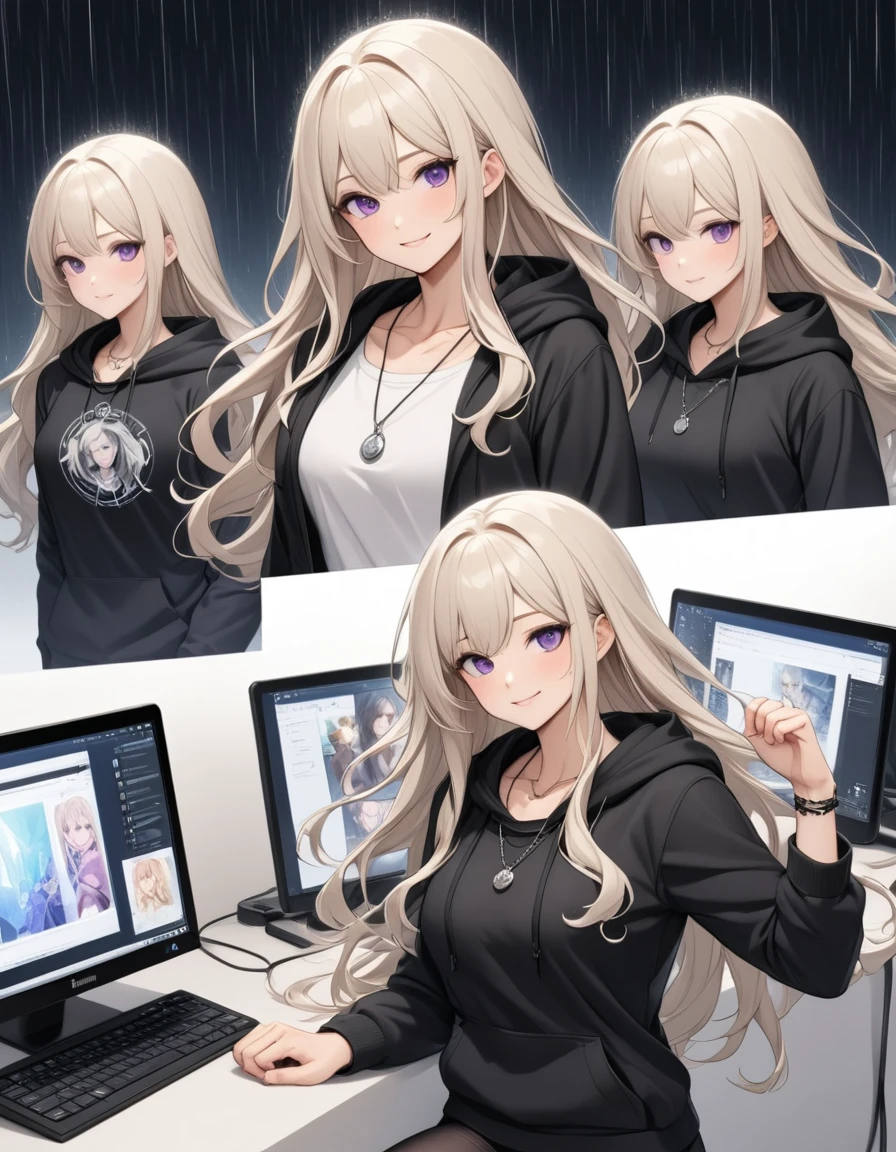 27 year old white woman, platinum blonde hair, purple eyes, Long hair, My hair is wavy, accessory on my wrist, necklace, smile, big , My abs are cracked, muscular body slim muscles, I don't want my head to disappear from the screen.、I'm punching my chest、Shiny skin、She's wearing a black hooded hoodie、I'm wearing black leggings、work with the computer, it was raining heavily outside. Sharp high resolution images.