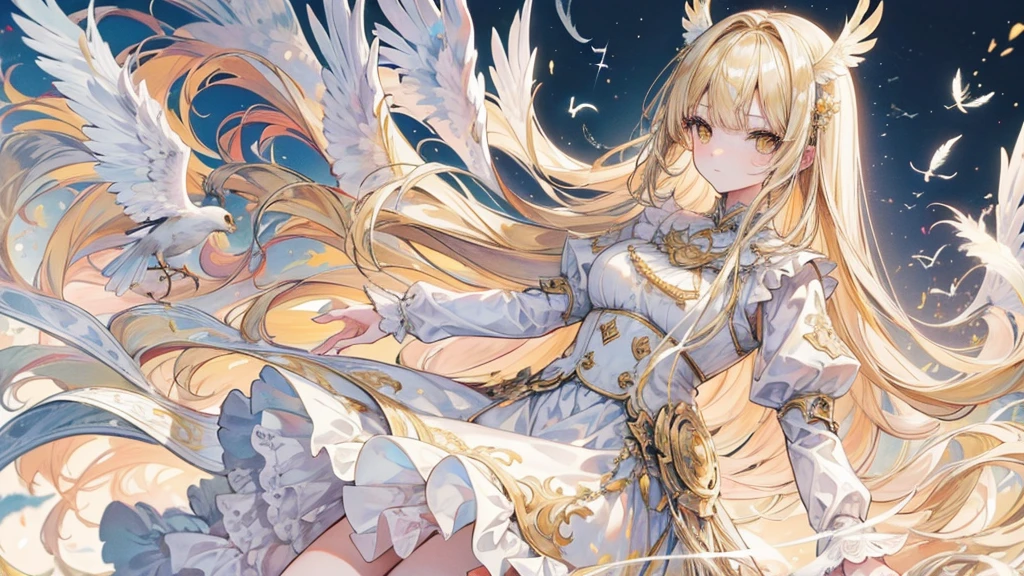 1catgirl, cat ears, (white long hair)) , oversaturated yellow eyes, intricate cool dress. Bare shoulders, white god dress with gold skirt. Portrait. Medium breast. Super detailed. Perfect anime yellow eyes, bare shoulders, white angel Wings.
Natural pose. She's smiling , she's Smart . White fox tail. She's cupid, she's on top of a skyscraper with a bow to Hitting the lovers with a bow (gold bow), (arrow) .she hold a gold bow. she is surrounded by gold hearts. She is surrounded by red hearts. She's flying (midair shot), (flying), As in Greek paintings. Love is in the air. Greek deity.