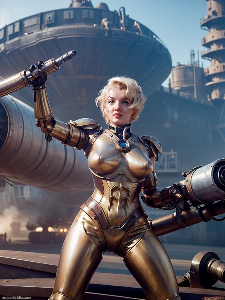 (Steampunk)(cybernetic warrior woman (M_Monroe), 2 obviously steam driven limbs, sexy battle suit, big gun), airships berthed in drydock in background