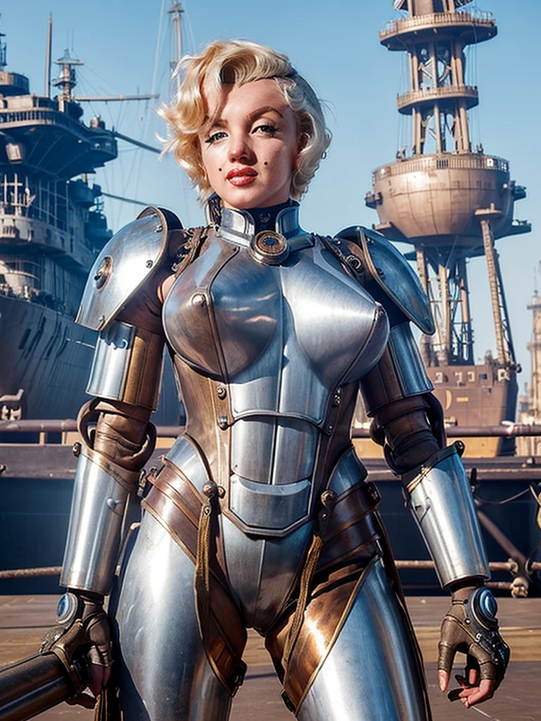 (Steampunk)(cybernetic warrior woman (M_Monroe), 2 obviously steam driven limbs, sexy battle suit, big gun), airships berthed in drydock in background