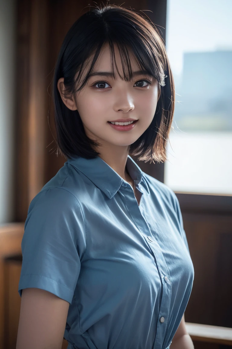 (8K, Raw photo, Highest quality, masterpiece:1.2), (Realistic, Photorealistic:1.37), Ultra-detailed, Ultra-high resolution, 1 girl, Seeing the viewer, Beautifully detailed face, Laughter, narrow, (Slim waist) :1.3), shortcut, Beautifully detailed skin, Skin texture, Dark hair, Short hair, Bob, Professional Lighting, (Shirt), Human whole body