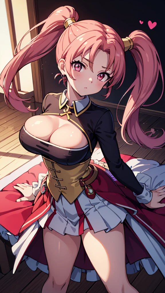 (masterpiece, best quality:1.2), solo, 1girl, dq8jessica, fluorescent pink eyes, expelled from paradise, , , Oculogyric crisis, low twintails, Perfect figure, heart-shaped 
