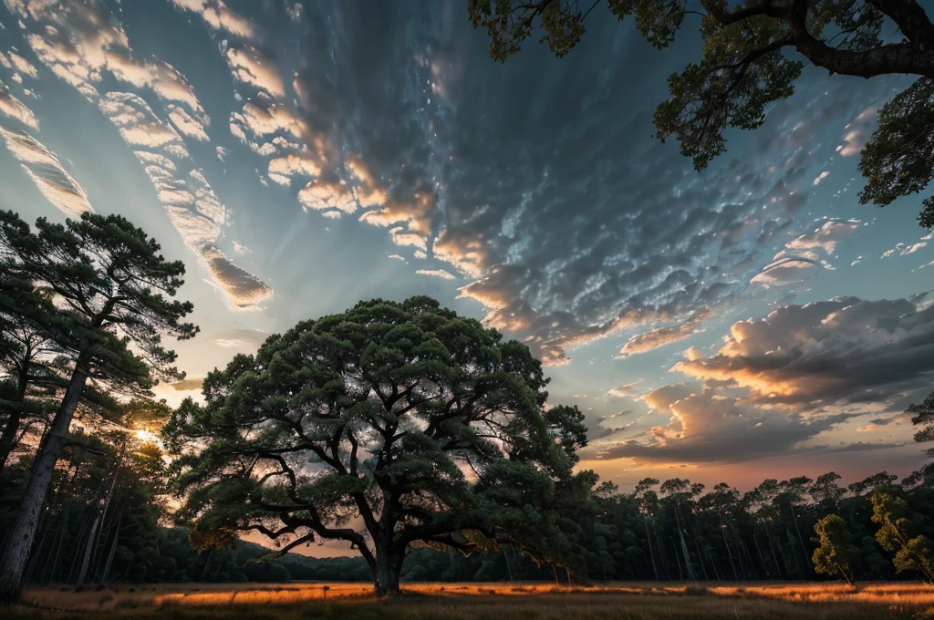 (((Masterpiece))), (high quality), In the forest at dusk。Black clouds cover the sky。There are large trees all around、I look up at it with a tilted gaze.。Realistic。