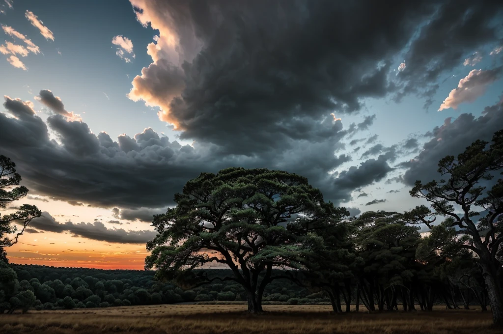 (((Masterpiece))), (high quality), In the forest at dusk。Black clouds cover the sky。There are large trees all around、I look up at it with a tilted gaze.。Realistic。