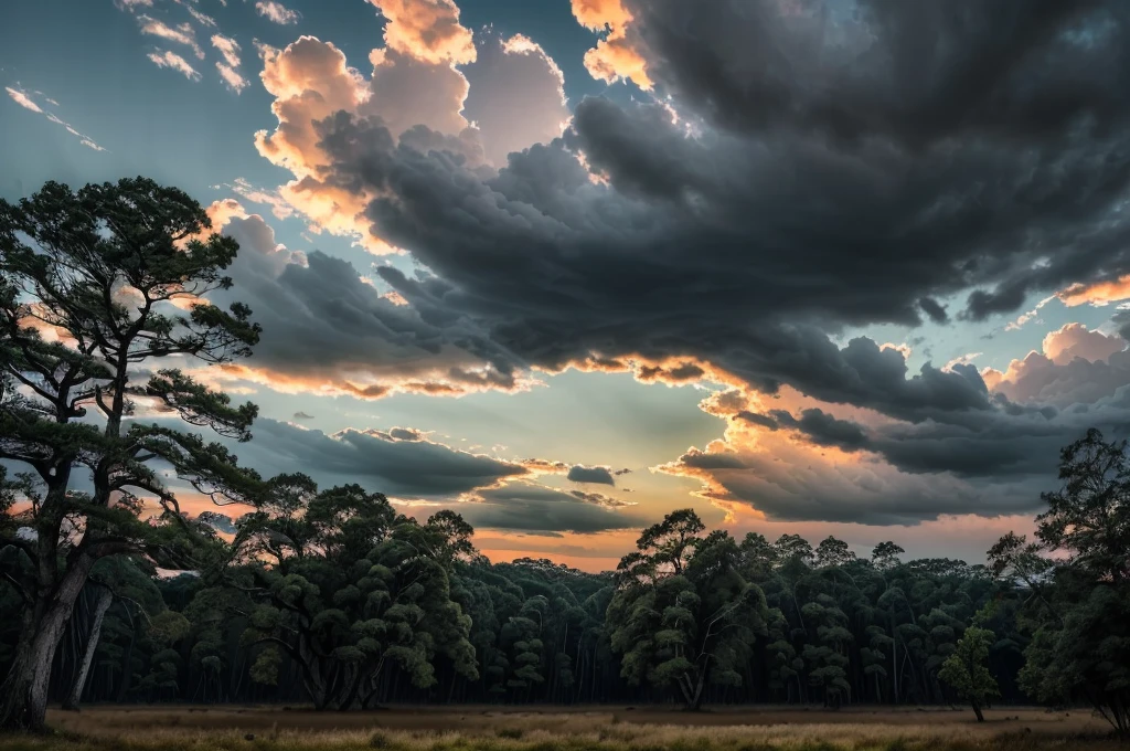 (((Masterpiece))), (high quality), In the forest at dusk。Black clouds cover the sky。There are large trees all around、I look up at it with a tilted gaze.。Realistic。