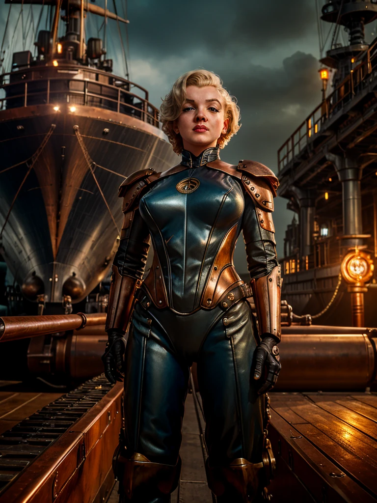 a cybernetic warrior woman (M_Monroe), 2 obviously steam driven limbs, sexy battle suit, big gun, airships berthed in drydock in background, steampunk, highly detailed, 8k, photorealistic, dramatic lighting, cinematic, intricate machinery, brass and copper accents, gears and cogs, victorian era aesthetic, moody color palette, chiaroscuro lighting