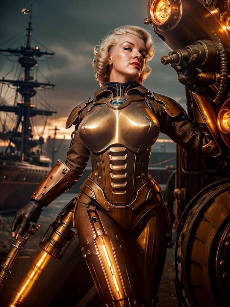 a cybernetic warrior woman (M_Monroe), 2 obviously steam driven limbs, sexy battle suit, big gun, airships berthed in drydock in background, steampunk, highly detailed, 8k, photorealistic, dramatic lighting, cinematic, intricate machinery, brass and copper accents, gears and cogs, victorian era aesthetic, moody color palette, chiaroscuro lighting