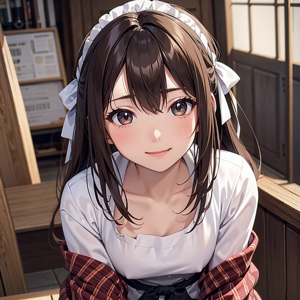 、brown haired、beautidful eyes、real looking skin、hi-school girl、、(8K、masterpiece)、(reallistic、Photorealsitic)、top-quality、ighly detailed、The ultra-detailliert、Beautie、cute little、japanes、A smile、Close-up portrait、Healthy face、、plaid skirts