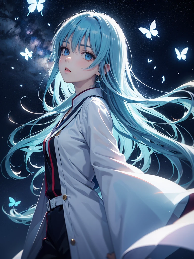 (master piece),(4k anime),high quality,1 girl,((light blue long hair)),blue eyes,white clothes with blue decorations,many glowing white butterflies, night sky,high fantasy,anime art wallpaper 4k, beautiful anime artwork, beautiful anime art, beautiful fantasy anime, beautiful digital artwork,(high contrast), undeservedly beautiful,cinematic lighting,sideways glance,from side,cowboy shot