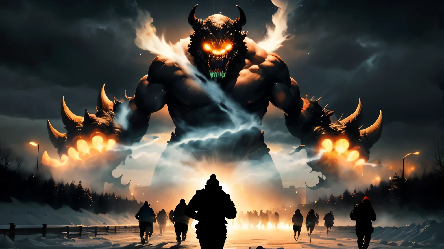((best quality)), ((masterpiece)), (detailed), A crowd of silhouette of people running in fear through a snowstorm at night while giant silhouette of ugly monster towering over sky in the background