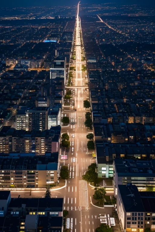 midnight　A little out of town　The streetlights are spaced evenly apart　That light is the only thing that illuminates the surroundings.　There are many buildings, but most of them are short.　Residential area　An angle that makes you look down from a high place