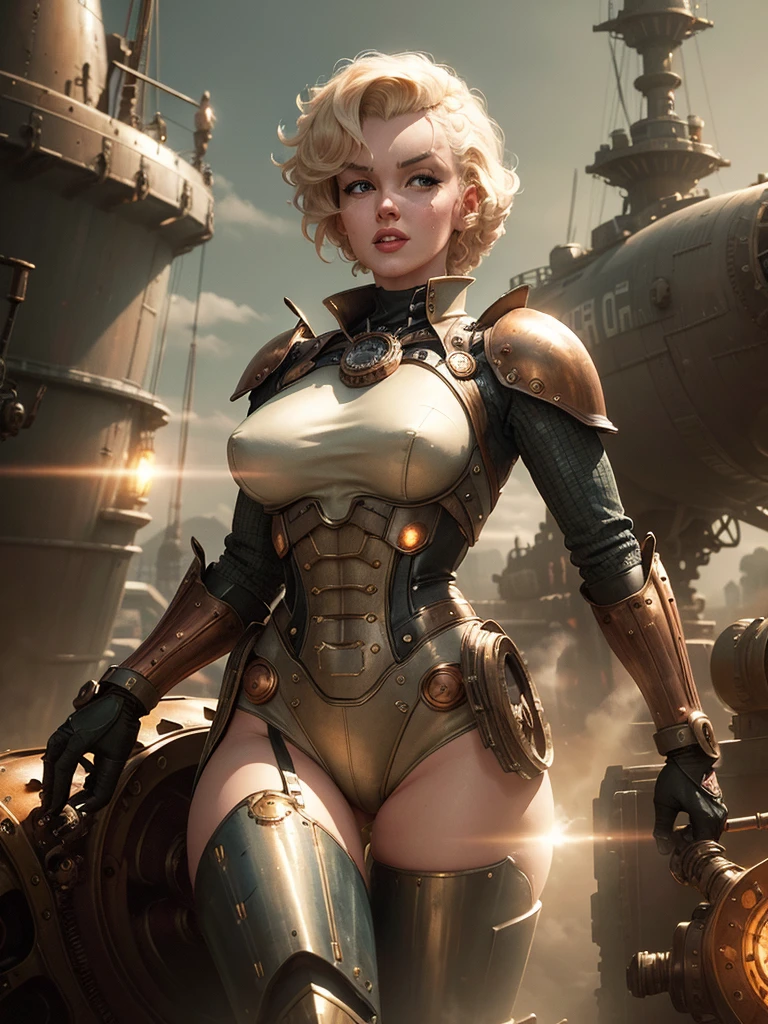 a cybernetic warrior woman (M_Monroe), 2 obviously steam driven limbs, sexy battle suit, big gun, airships berthed in drydock in background, steampunk, highly detailed, 8k, photorealistic, dramatic lighting, cinematic, intricate machinery, brass and copper accents, gears and cogs, victorian era aesthetic, moody color palette, chiaroscuro lighting
