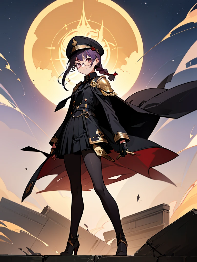 realisitic, City Deserted, Pile of rubble, Brick building, a one woman (18 years old, far away blackw hair, far away slits, Eyes red, glare eyes, 精致的面容, standing (In floor, feet shoulder-width apart), ta style military uniform (blackw base, Red Insert, golden decoration, volantes, wide sleeves, dainty and delicate detailing armors), blackw far away gloves (blackw, Red Insert, golden decoration, small hands, armors), blackw far away gloves, knee high boots (blackw, high-heels, red soles), ha (blackw, aba dourada, shield emblem, delicate details), arms in front, Front of belly, Holding military swords with both hands (blackw, golden decoration, delicate detail, Handle at the top, Ground-facing blade, in front of the body, far away), night sky (blackw, stele, Increased flames and smoke), Pale painting style, One Girl, super high quality, Super Detail, Super Detailed image, long hair, looking at viewer, skirt, shirt, hair ornament, violet eyes, gloves, round glasses, long sleeves, hat, closed mouth, jacket, violet hair, braid, open clothes, necktie, black gloves, black skirt, uniform, single braid, open jacket, black jacket, black headwear, 手链, peaked cap, black necktie, cropped jacket, military hat, pantyhose, Flat Chest, smile, Black Cape
