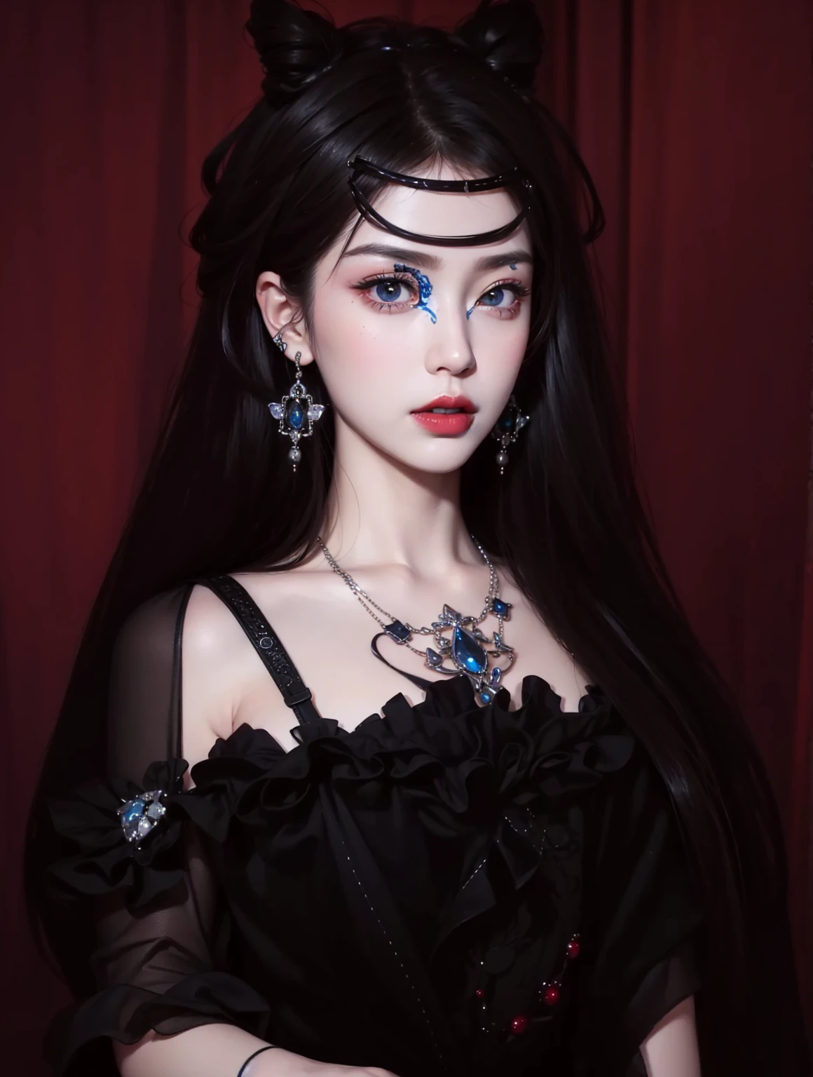 Realistic style，8K picture quality，Very detailed, Delicate face, Realistic style的照片, Stock Photography ,  rich and colorful, Surreal, Realistic textures, Dramatic Lighting, Distiller 800  (8K, original photo, Better quality, masterpiece: 1.2), Very detailed, (Extremely delicate skin: 1.2), 8K Ultra HD, SLR camera, Soft Light, high quality， 冰冻Queen, Queen, snow castle，Blue pupils，Apply red lipstick，Very delicate tattoo design，Jewelry，哥特Queen