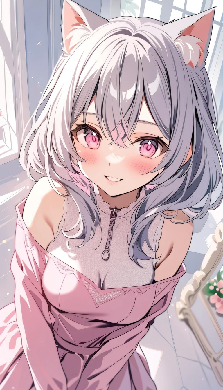 Medium chest,pretty girl,smile,Longing eyes,Cat ear, Beautiful silver hair,Pink inside,Beautiful pink eyes, off shoulder,check skirt