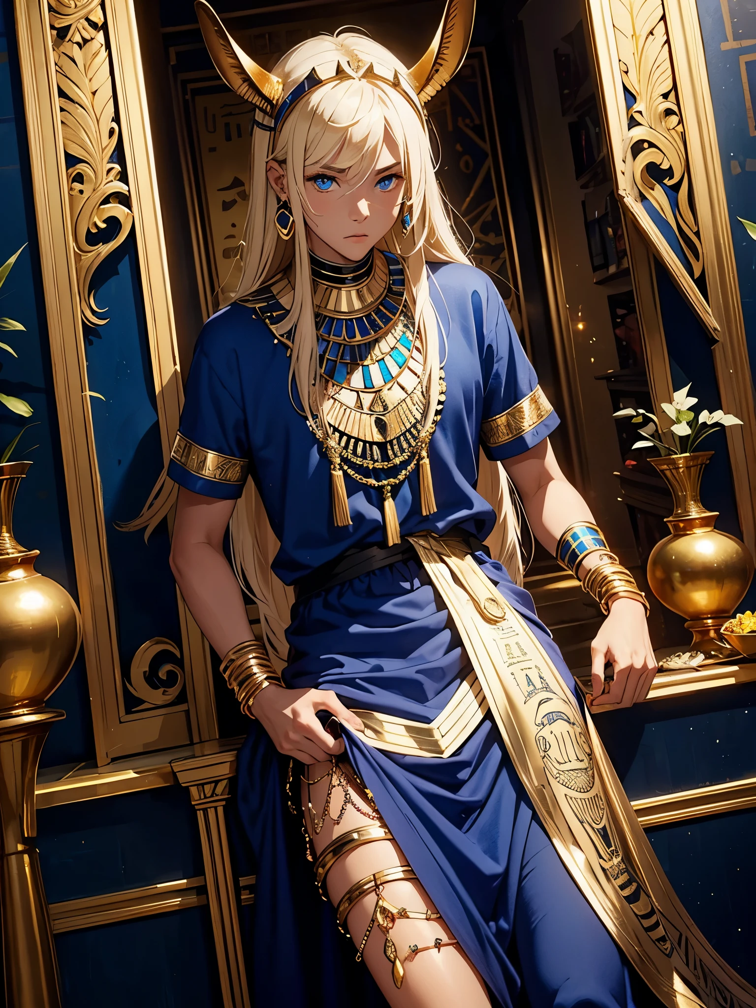 anubis ears. Schakalohren. Teenage boy. Egyptian deity Anubis. Egyptian blue clothing. Blue clothes.  long blond hair. Lots of gold jewelry. dark skin. Egyptian. dazzling blue eyes. mystical. divine.