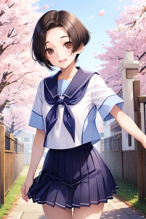 Rinko Kobayakawa、Shiny brown hair, ((Center-parted bangs that expose the forehead、short hair、))、, (Beautiful brown eyes、Sparkling eyes, Fine grain)、smile、Ultra-detailed eyes、Highly detailed face, Highly detailed eyes,


masterpiece, Highest quality, High resolution, Short-sleeved white sailor suit、Dark blue neckerchief、Navy blue mini pleated skirt、Very short mini skirt、Bare thighs、((cherry blossoms)), Outdoor, , smile, Leaning forward, Are standing, Cowboy Shot, Open your mouth, Put your arms behind your back,