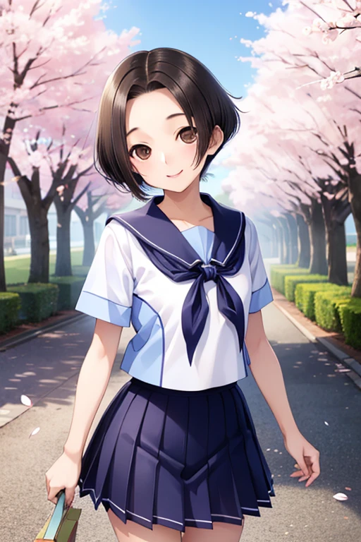 Rinko Kobayakawa、Shiny brown hair, ((Center-parted bangs that expose the forehead、short hair、))、, (Beautiful brown eyes、Sparkling eyes, Fine grain)、smile、Ultra-detailed eyes、Highly detailed face, Highly detailed eyes,


masterpiece, Highest quality, High resolution, Short-sleeved white sailor suit、Dark blue neckerchief、Navy blue mini pleated skirt、Very short mini skirt、Bare thighs、((cherry blossoms)), Outdoor, , smile, Leaning forward, Are standing, Cowboy Shot, Open your mouth, Put your arms behind your back,