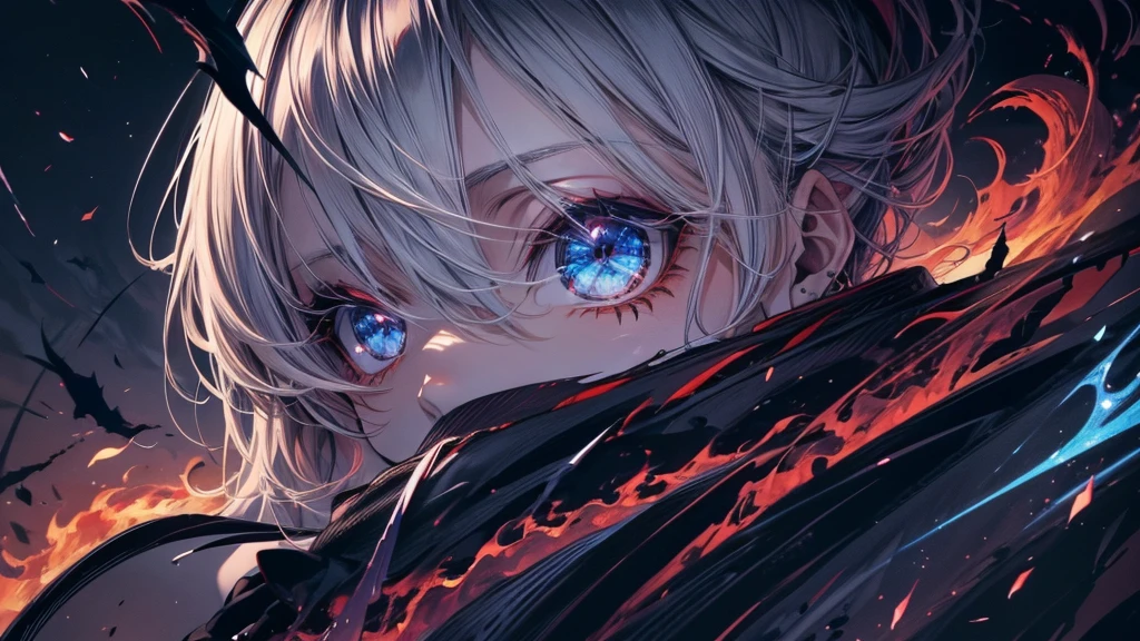 (Absurd, High resolution, Super detailed), masterpiece, Highest quality, True light and shadow, alone, White-haired boy, Red sleeveless clothes, good looking, Finely grained, Detailed face, Detailed eyes, Black scarf, Two Swords, Two-Way, Sword surrounded by blue flames, tattoo, From below, Looking down, City in Ruins, Dark Background, Swirl, spark, Cowboy Shot, break, blue eyes, Shining Rune_pale