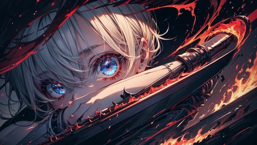 (Absurd, High resolution, Super detailed), masterpiece, Highest quality, True light and shadow, alone, White-haired boy, Red sleeveless clothes, good looking, Finely grained, Detailed face, Detailed eyes, Black scarf, Two Swords, Two-Way, Sword surrounded by blue flames, tattoo, From below, Looking down, City in Ruins, Dark Background, Swirl, spark, Cowboy Shot, break, blue eyes, Shining Rune_pale