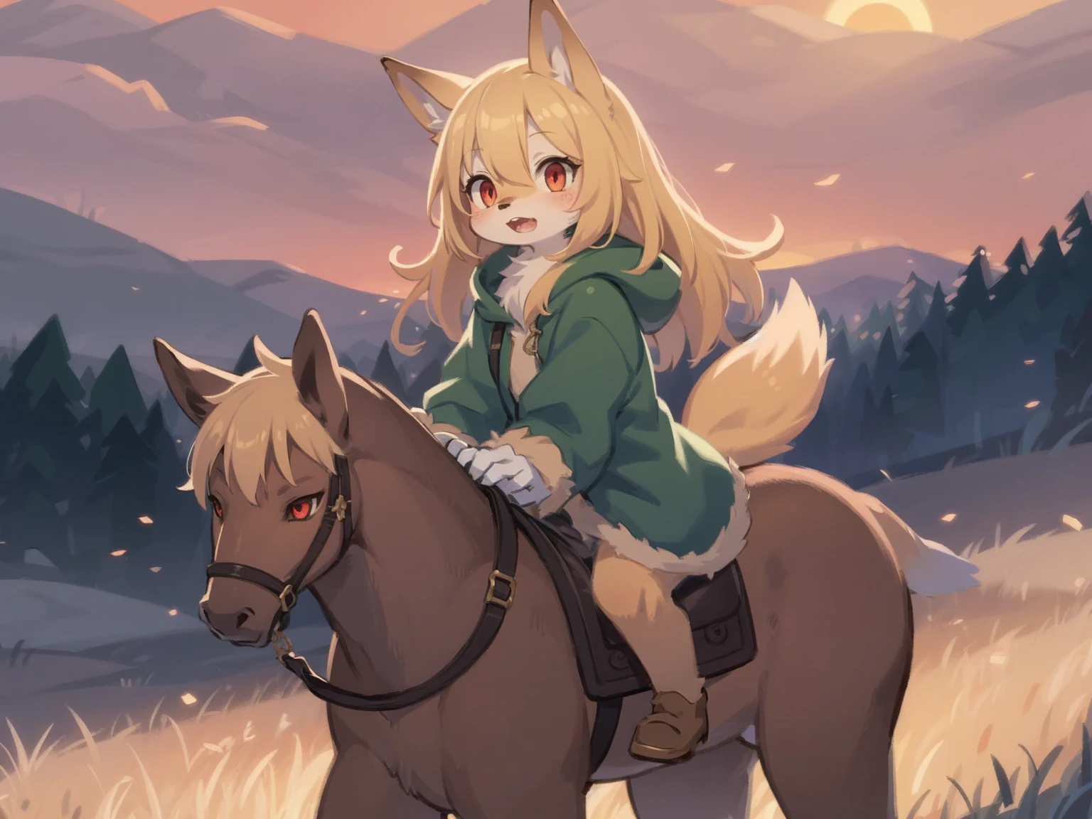  the fox, , was hairy, shaggy, skin fur, smooth lashes, golden fur, forelimb hands, straight long blonde hair, solid circle eyes, golden ears, golden fur, golden facial fur, shiny hair, red eyes, super cute face, 1fox tail, fluffy tail, furry tail, glowing eyes, green coat green hood down, brown trousers, riding unsaddled horse, open mouth, embarrassed, brush, ambient light, ultra-fine fur, dashed eyes, full body, masterpiece, high quality, high-details, best quality, wide short, (((solo))), twilight, sun light, red sky, rim light
