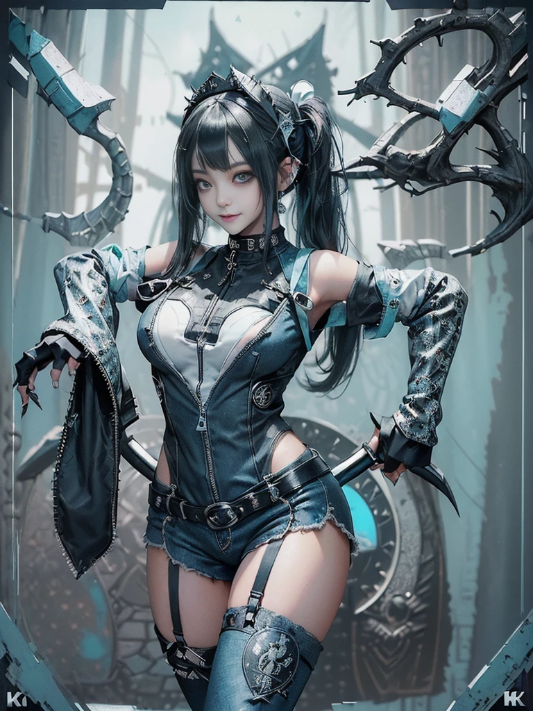 (Full Body View:1.2)、(Side view:1.1)、(Smiling with teeth showing:1.3),(Shibuya Gal:1.5)、(Gothic Lolita style fashion:1.5)、(Punk RockVisual Kei:1.5)、(Wearing a rhythmic gymnastics bodysuit with intricate details:1.4)、(Cloak de cour with delicate decorations in white, denim and turquoise:1.5)、(Denim with turquoise and white boots:1.3)、((belt))、(Numerous delicate logo marks all over the costume:1.4)、(Denim collar:1.3)、(Striped underwear:1.5)、30 years old、NSFW、((Highest quality、In 8K、masterpiece:1.3))、Sharp focus:1.2、(Layered Cut、Beautiful boobs:1.1),Beautiful woman with perfect figure:1.4、(Sexy Gravure Pose:1.3)、Slender Abs:1.2、Highly detailed face and skin texture、Detailed eyes、double eyelid,(Twin tails:1.3)、(Dark grey hair:1.3)、Gravure idol、(The background is a fantastical, Tetris-like space.:1.3)、(Slim Body:1.3),(Make your legs thinner:1.4),(clavicle:1.1)、(Thin thighs:1.2)