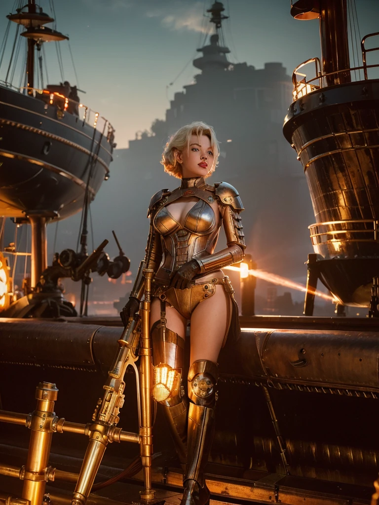 a cybernetic warrior woman (M_Monroe), 2 obviously steam driven limbs, sexy battle suit, big gun, airships berthed in drydock in background, steampunk, highly detailed, 8k, photorealistic, dramatic lighting, cinematic, intricate machinery, brass and copper accents, gears and cogs, victorian era aesthetic, moody color palette, chiaroscuro lighting
