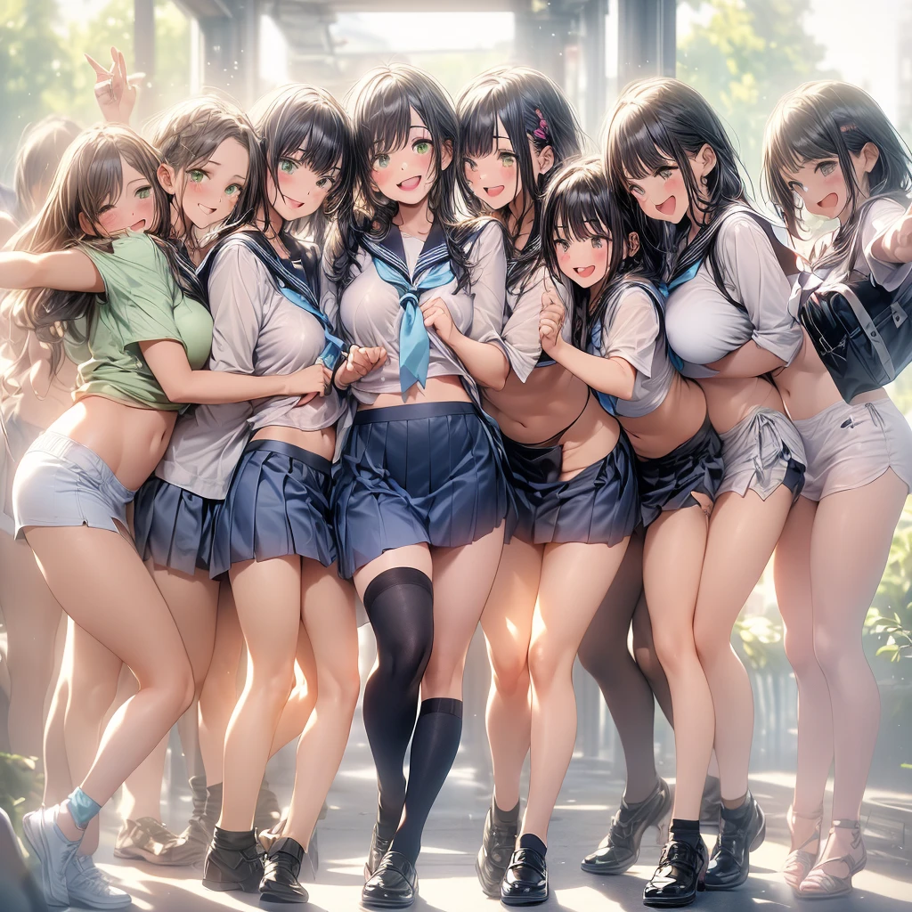 ((masterpiece, Highest quality, High resolution, 超High resolution, Pixel Perfect, Written boundary depth, 4K, RTTX 10.0, Human Development Report))), 1 Girl, single, alone, beauty、View the whole body、(masterpiece: 1.2, Highest quality, masterpiece, Clearer images), (Bright colors), ((Take clear photos even from a distance)), (Multiple Girls), (Harem), ((((school uniform)))),(School classmates), ((( All school uniforms have the same design))), (((Everyone is wearing the same navy blue miniskirt))), ((In the school changing room)),(((Take off:1.3))),((Change of clothes:1.3))),(()), (cute Japanese((6 Girls))), (((Baby Face))), ((Group shot)), (((Group selfie))),(((Play))),Wide-angle, Soft Light, (Slightly larger breasts), ((The audience was delighted)), landscape、((Grab your chest:1.3)),(((Garment Lift:1.2)))、((Green Eyes, Beautiful eyelashes, Realistic eyes)), ((Detailed face, blush:1.2)), ((Smooth texture:0.75, Vibrant质感:0.65, Vibrant:1.1, Anime CG Style)), Mid-chest, Perfect body, Beautiful curves、Beautiful feet、thin、smile, attractive way to sit, 1 Girl, Ellen Baker, blonde, Side Lock, Parted bangs, Green Eyes, Braiding, (((Swimwear、bikini、2012年に流行したSwimwearのデザイン)))、((((M-shaped legs:1.4)))、Close one eye、Stick out your crotch