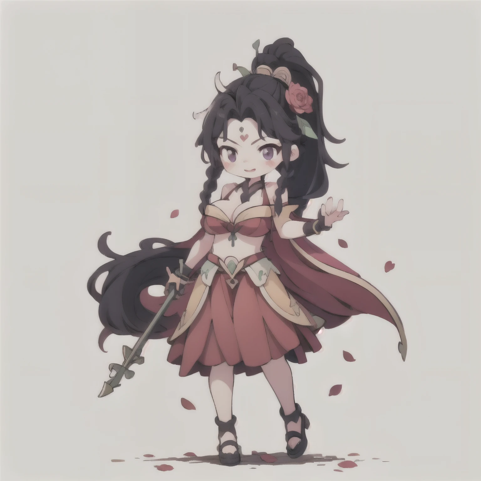 best quality, ((Cute light-skinned baby)),chibi anime,chibi, Long black hair,Shouhui,cute,Purple Eyes,(Navel),(((full body))),Long skirt,black shoes,High ponytail,1girl,Bare legs,big breast,cleavage,(White bone hair ornament),Bright colors,Solid color background,Falling rose petals,Bright colors,Standing,((Wielding a spear)),(Dance),White background,purple eyes,1girl,bare shoulders,black hair,braid,breasts,cape,cleavage,eyeshadow,facial mark,feathers,forehead mark,gloves,jewelry,large breasts,lipstick,long fingernails,long hair,Red Skirt