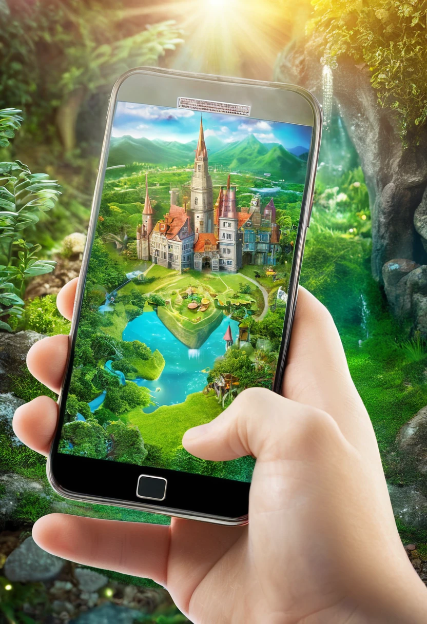 It's very realistic, with a smartphone in your hand and a land map displayed on the smartphone screen, There is a part of a magical city that looks like a fairy tale in the depths of the image, outdoor
