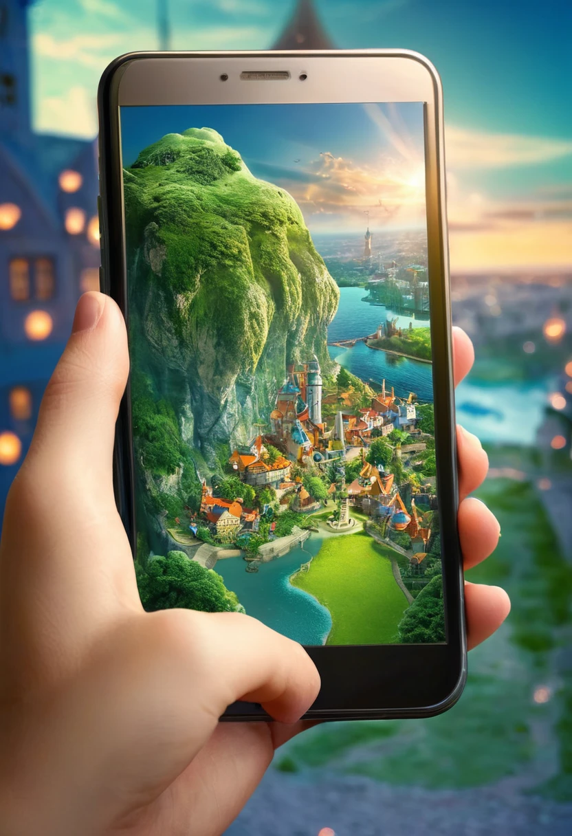 It's very realistic, with a smartphone in your hand and a land map displayed on the smartphone screen, There is a part of a magical city that looks like a fairy tale in the depths of the image, outdoor