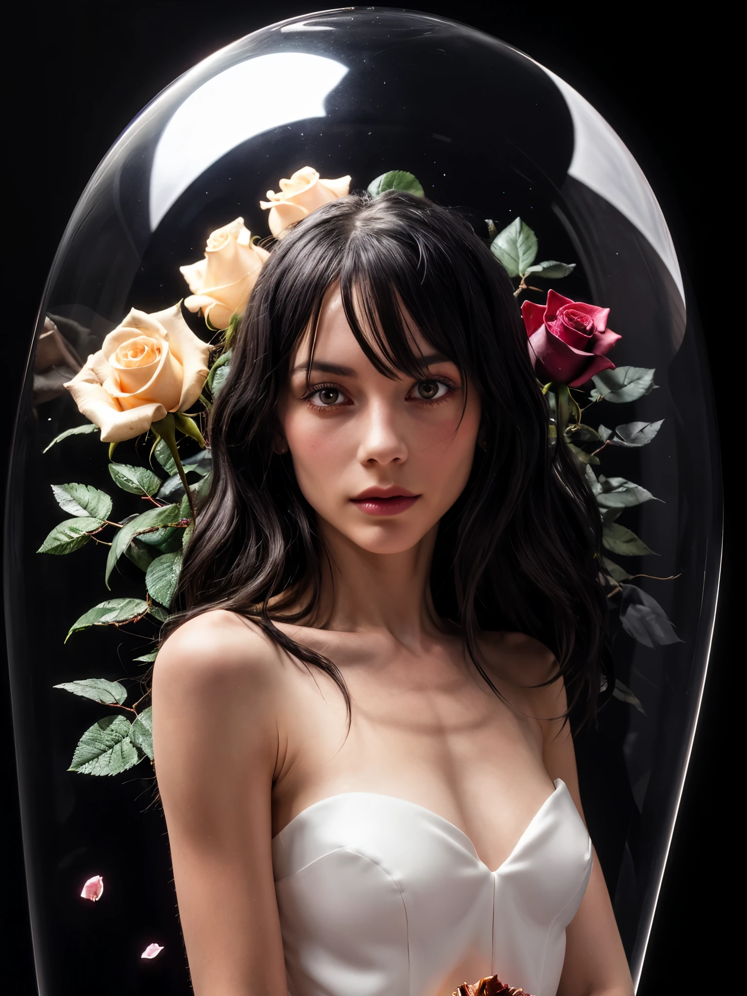 1girl, detailed face, very long thick messy dry black hair, white dress, dark background, beautiful ethereal ghastly, (masterpiece), highest quality, ultra-high resolution, (luminescent glowing rose:1.2) inside exquisite glass cloche, mesmerizing design, craftmanship display, sharp focus, fallen petals,