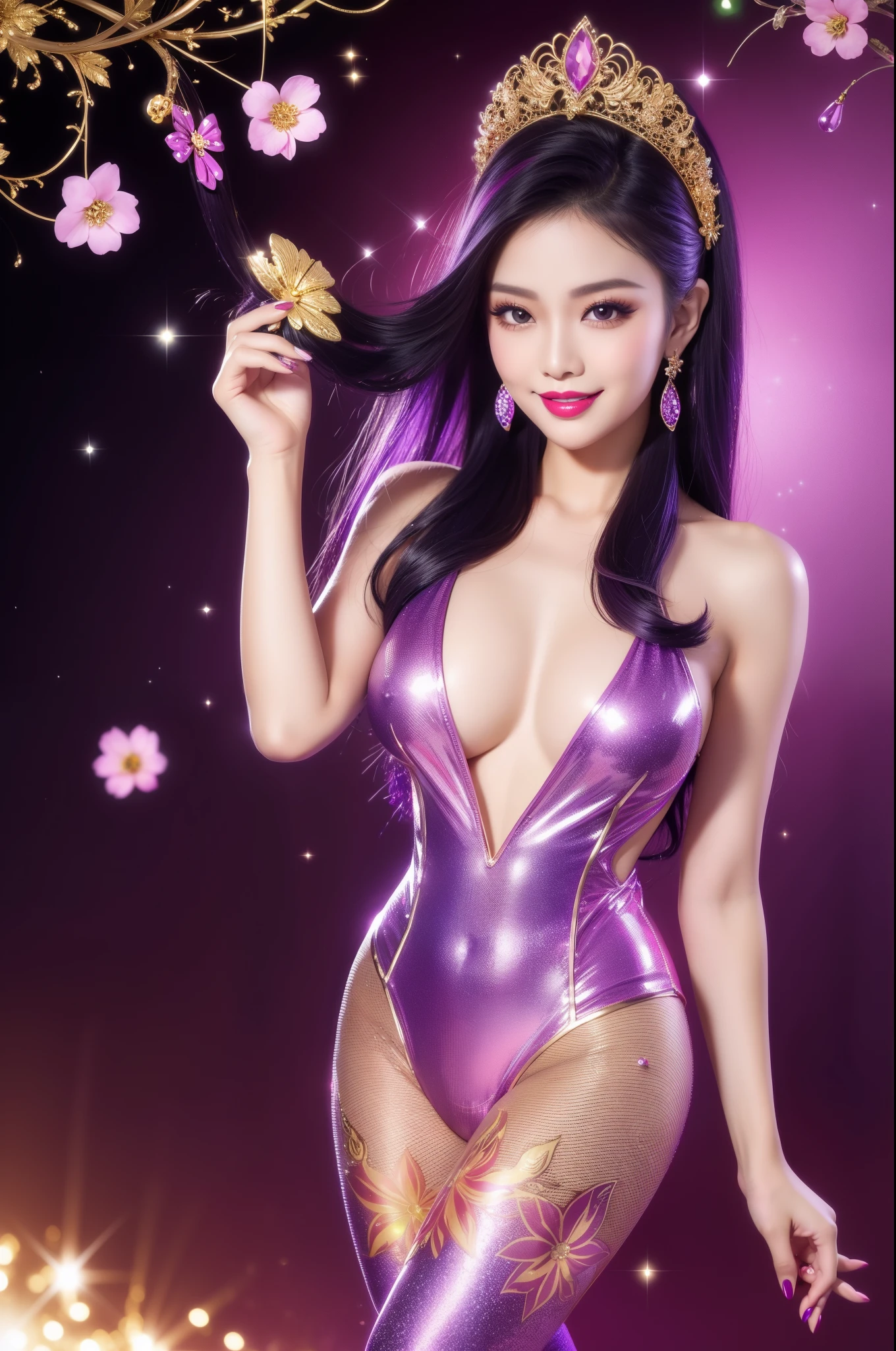 sexy Thai model who controls poison、beautiful smile、lip-gloss、bold lipstick、long lashes, metallic makeup、look at the camera、full body Esbian、、sparkling poisoned flower costume、、、、sparkling Colorful hair、secrete poison、skull hair accessories、sexy tights、shiny sparkling flowers background